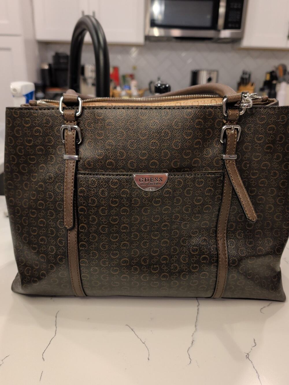 Guess Balzano Monogram Tote Bag Brown Logo Signature Shoulder Handbag Purse